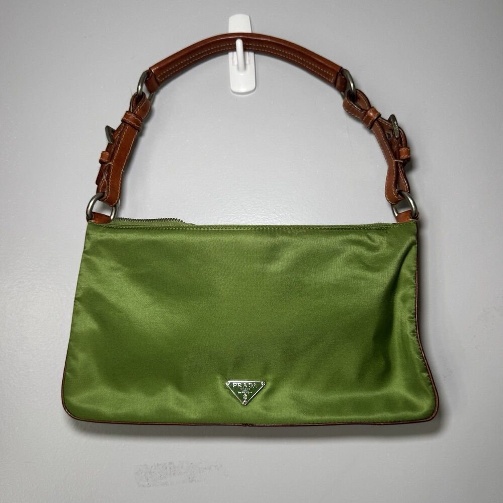 Vintage 2000s Prada Tessuto Lime Green Nylon/ Brown Leather Rare Shoulder Bag
